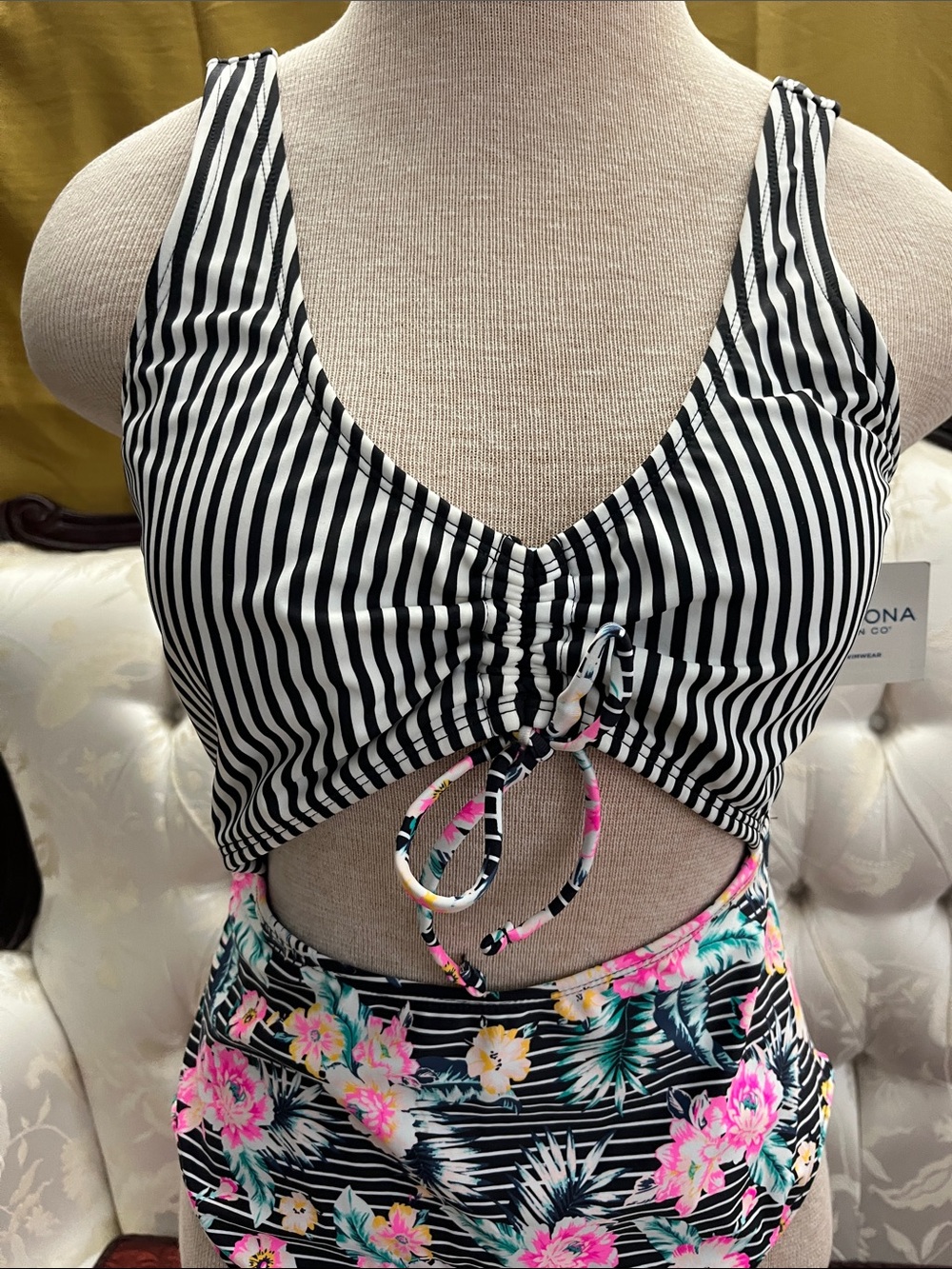 Arizona Black & White Striped Floral One-Piece Swimsuit - Picture 3 of 5